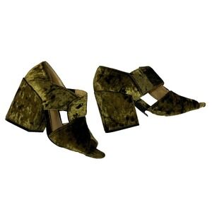 CAbi Interlock Open Toe Heels Green Crushed Velvet 3.5" Covered Chunky Heel SZ 7